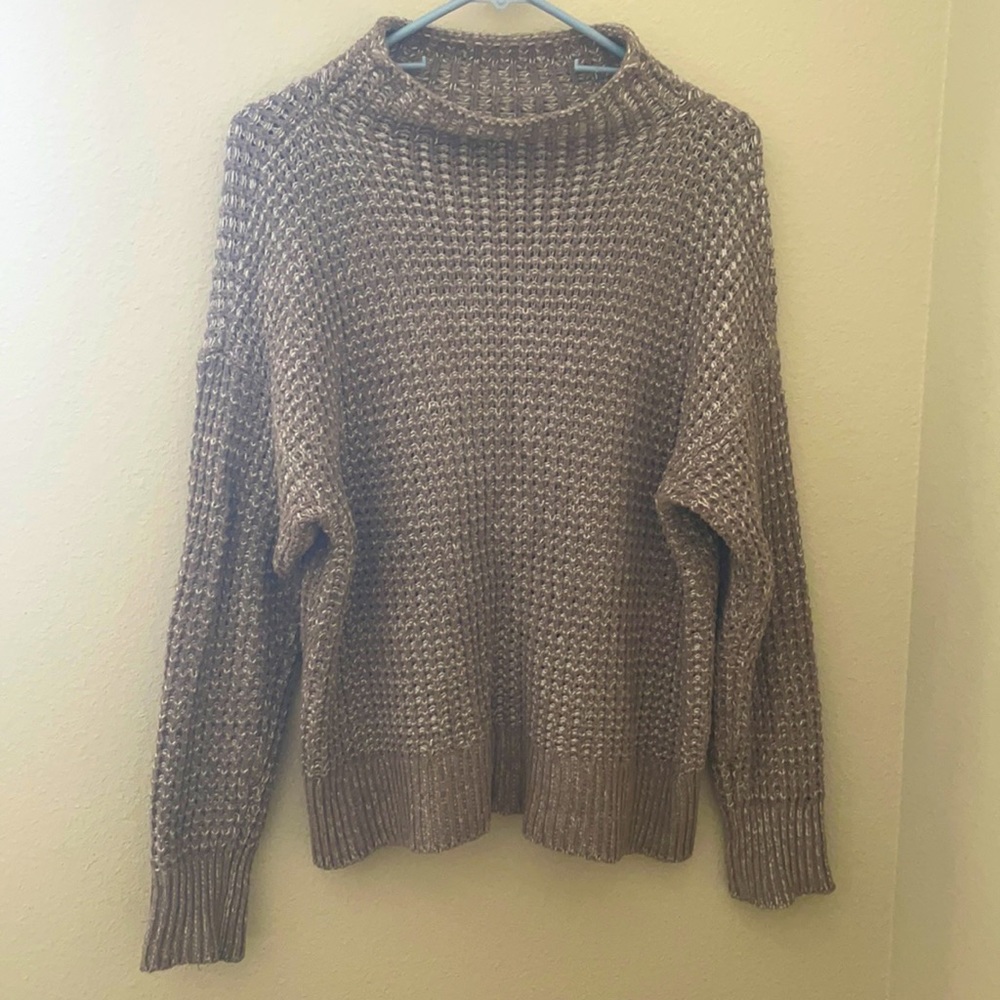 Brown and white mock neck slouchy sweater